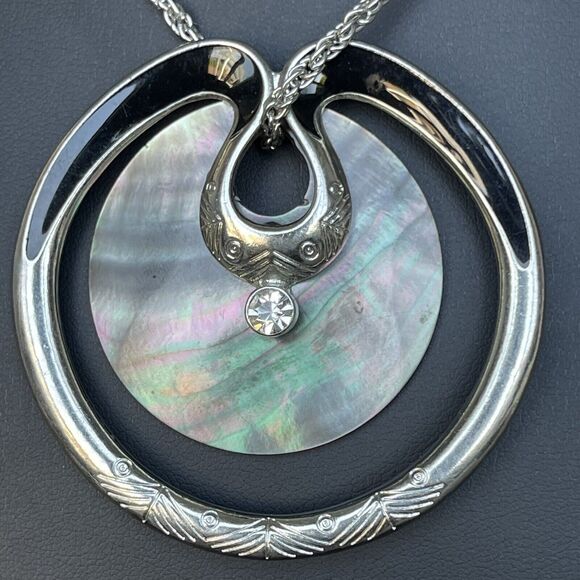 2” Abalone Shell Pendant Necklace Silver Tone 22” Chain with Rhinestone Accent - Picture 2 of 4